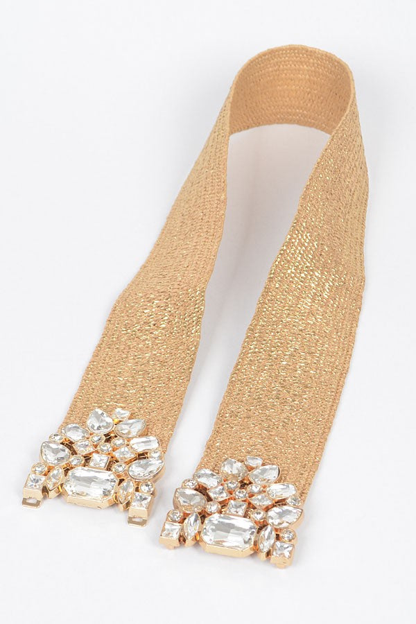 Multi Stone Metallic Straw Stretch Belt