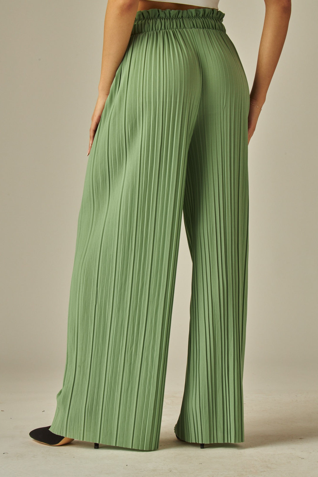Pleated Paper Bag Drawstring Wide Leg Pants