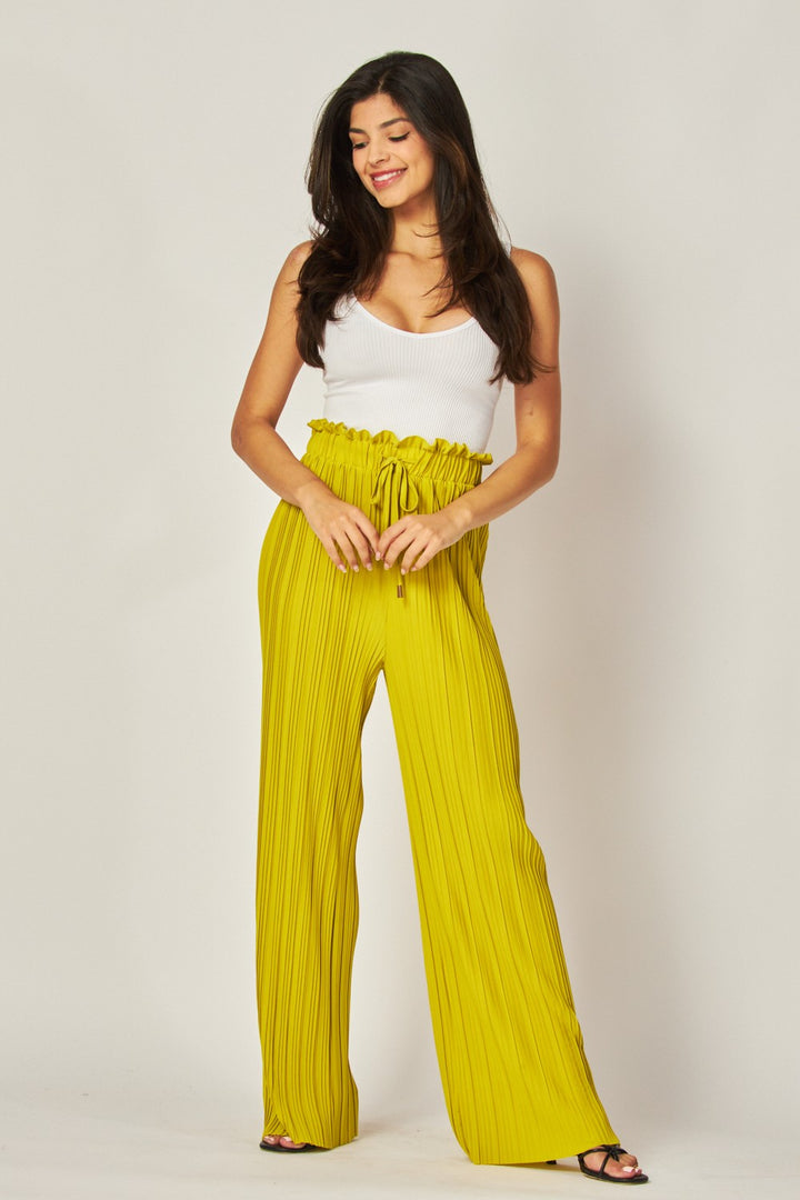Pleated Paper Bag Drawstring Wide Leg Pants