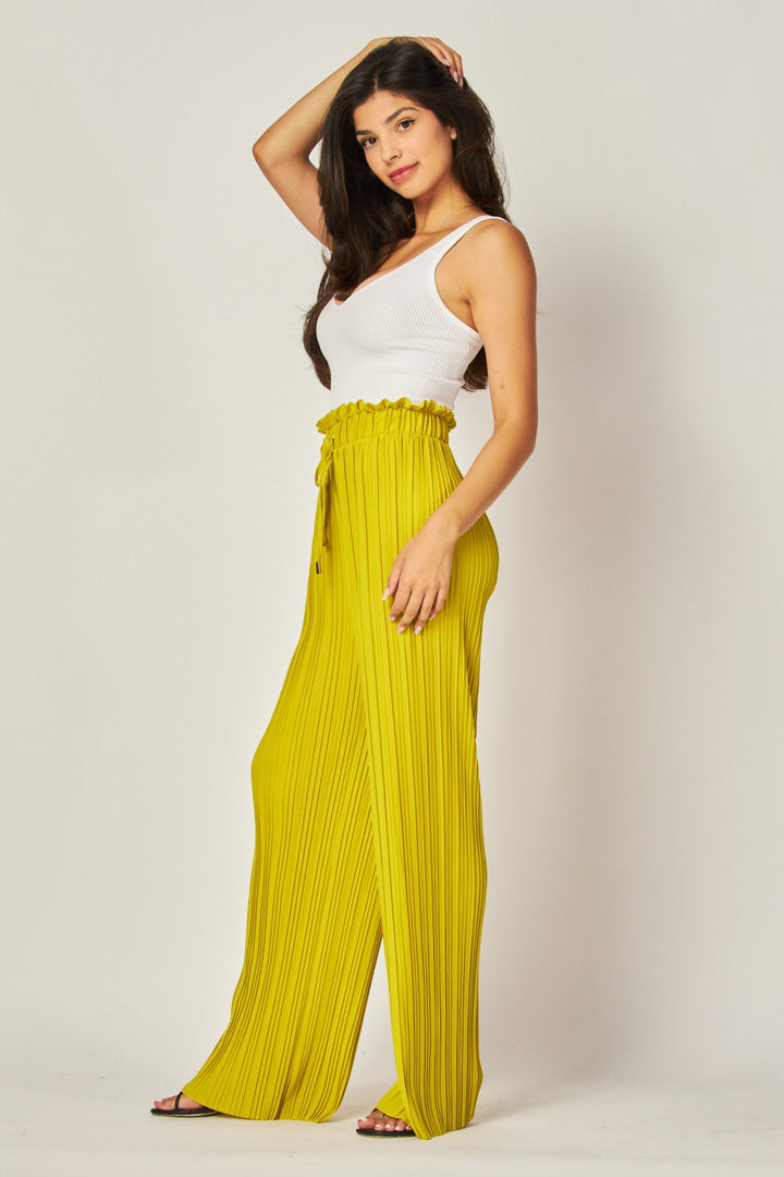 Pleated Paper Bag Drawstring Wide Leg Pants