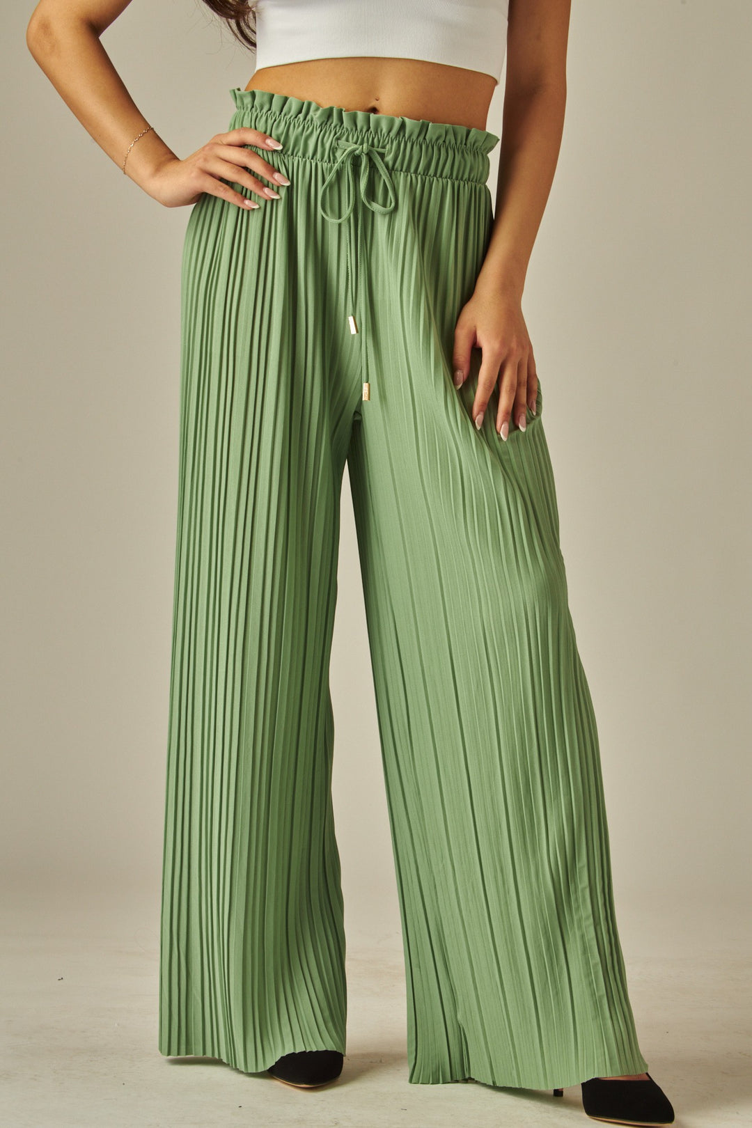 Pleated Paper Bag Drawstring Wide Leg Pants