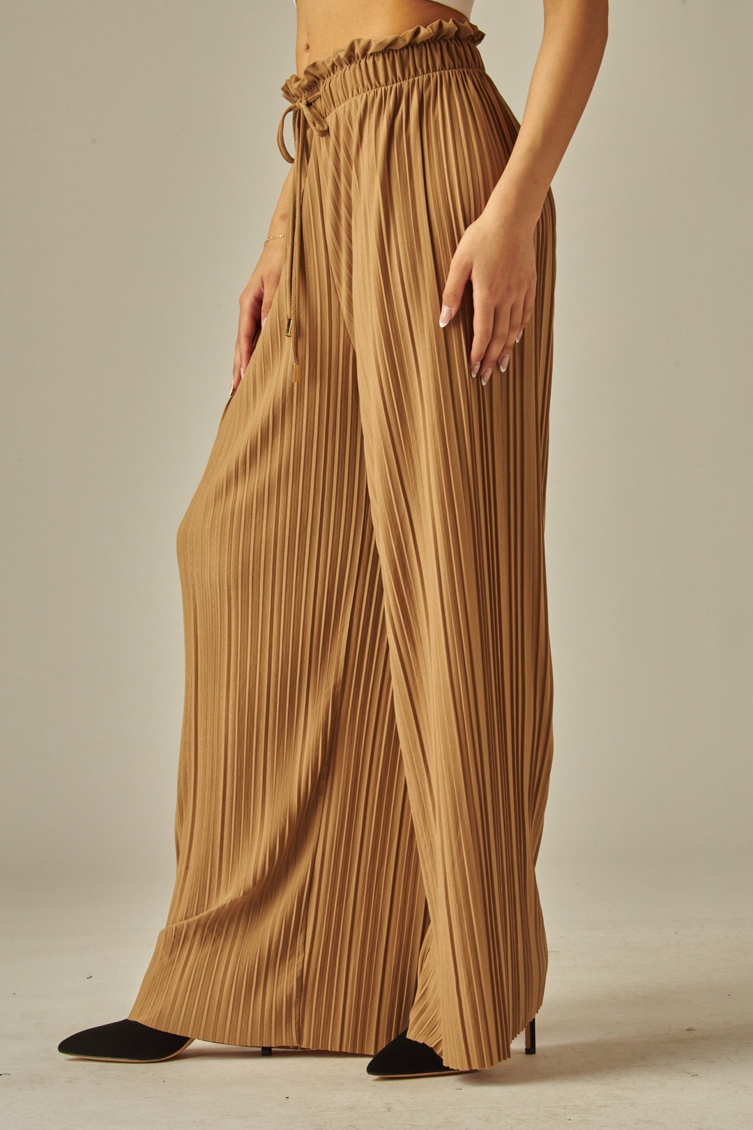 Pleated Paper Bag Drawstring Wide Leg Pants