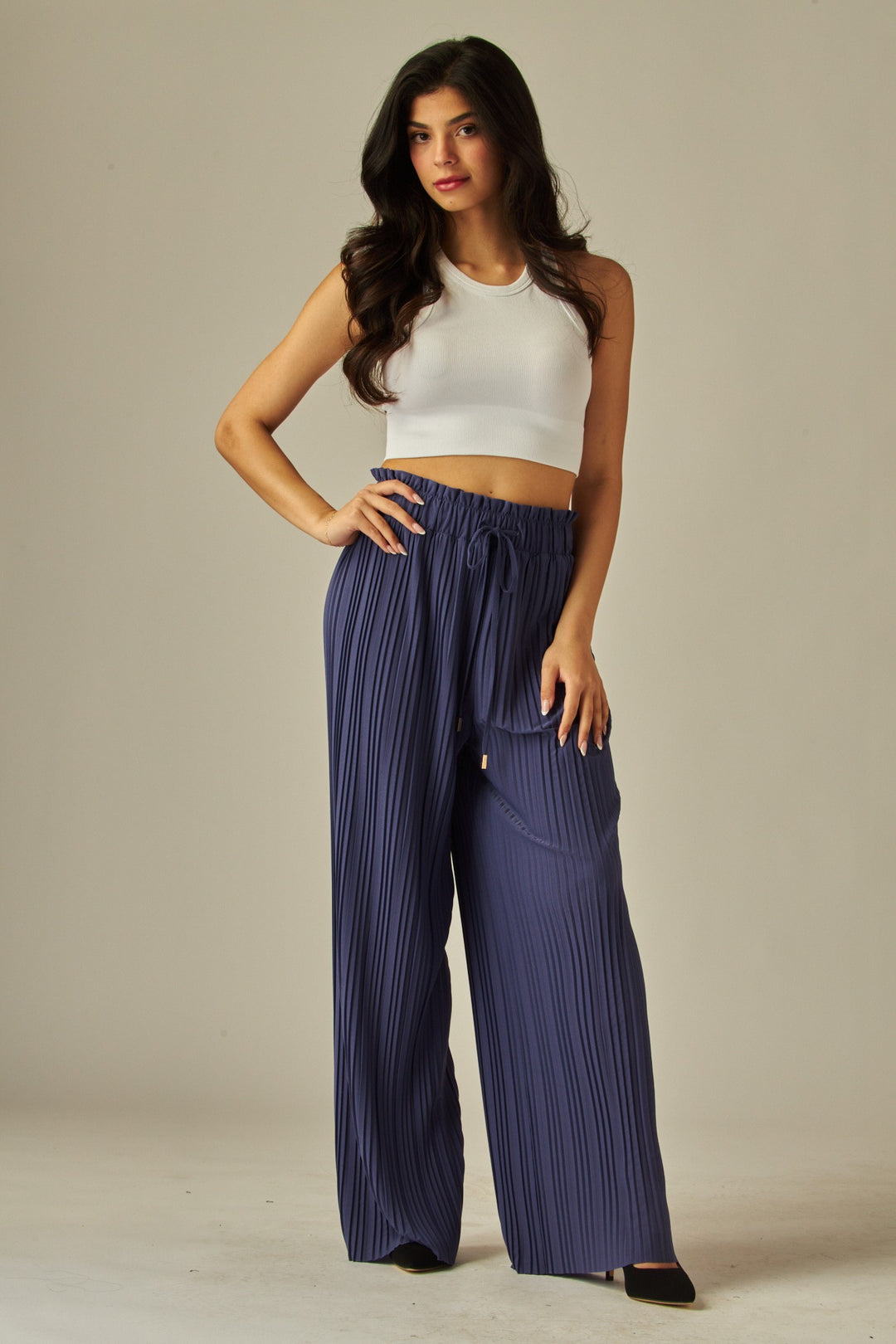 Pleated Paper Bag Drawstring Wide Leg Pants