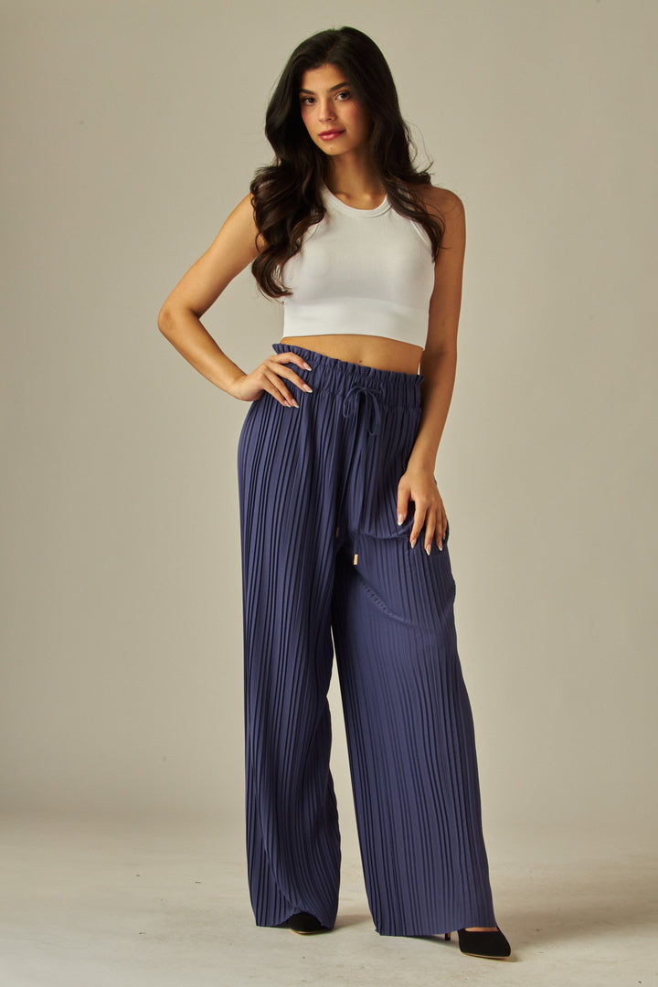 Pleated Paper Bag Drawstring Wide Leg Pants