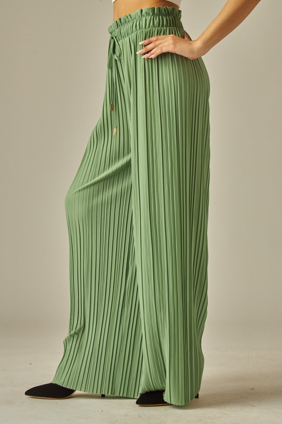 Pleated Paper Bag Drawstring Wide Leg Pants