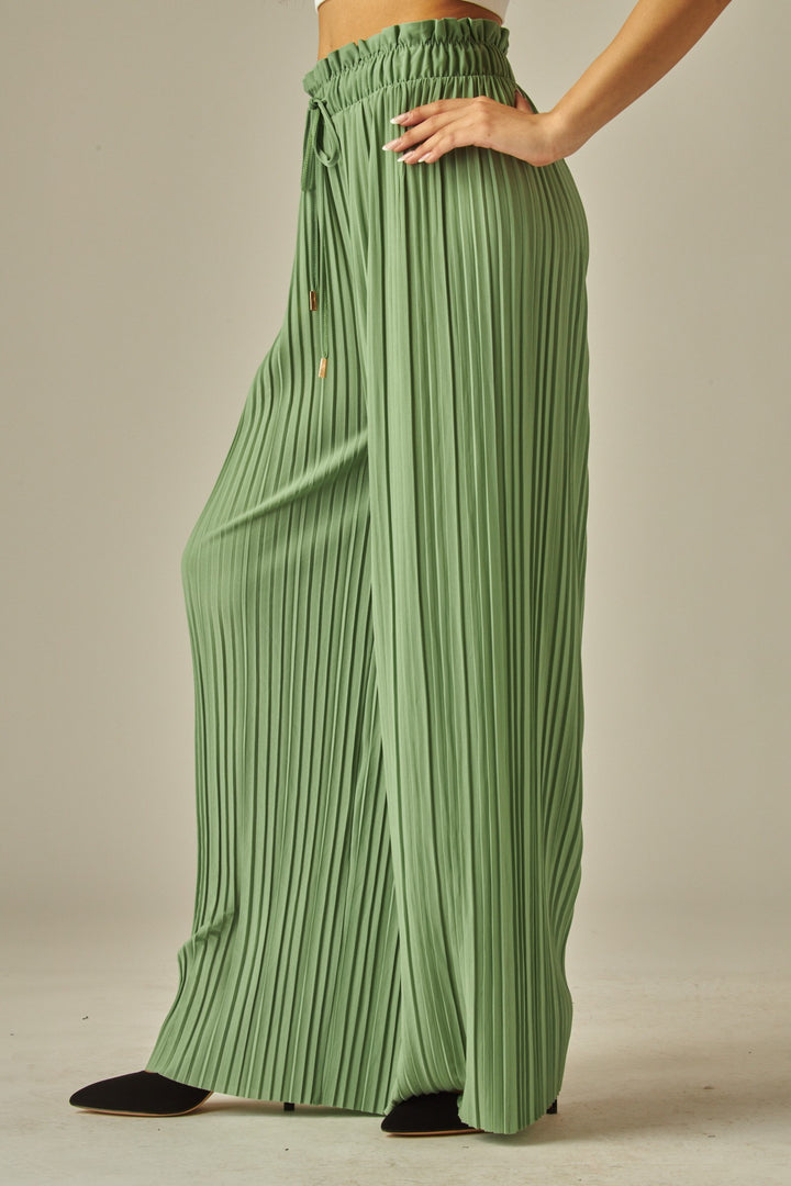 Pleated Paper Bag Drawstring Wide Leg Pants
