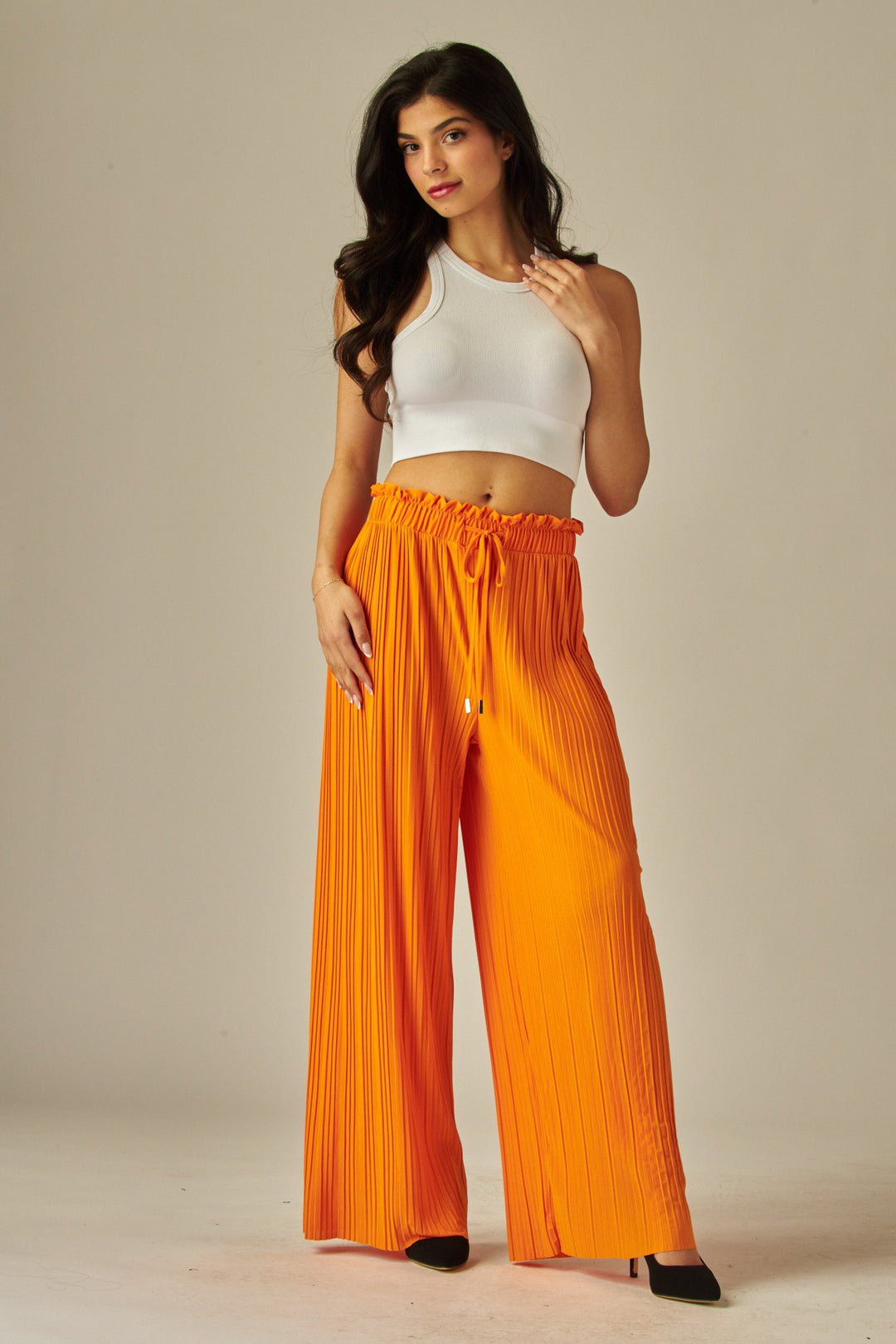 Pleated Paper Bag Drawstring Wide Leg Pants