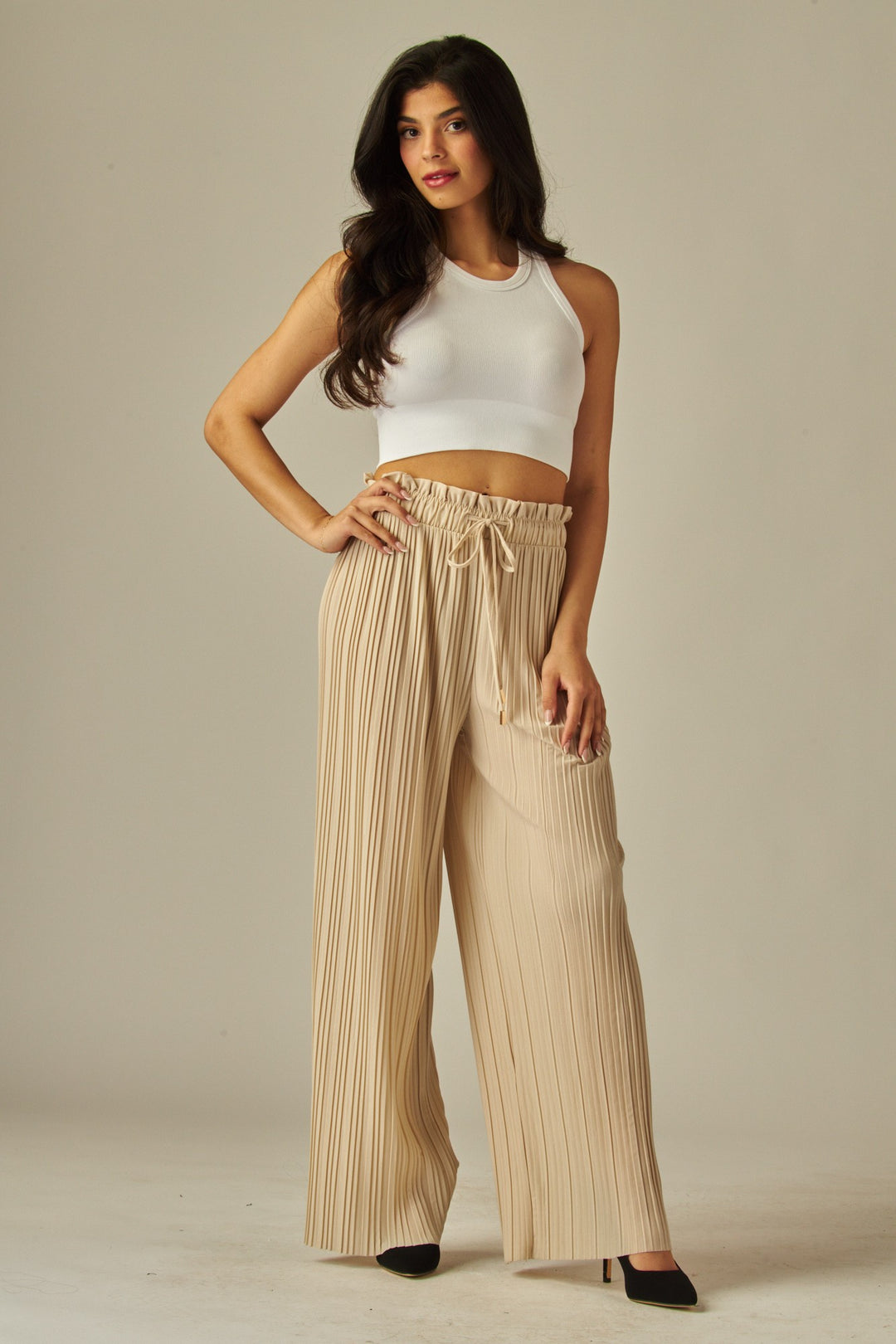 Pleated Paper Bag Drawstring Wide Leg Pants