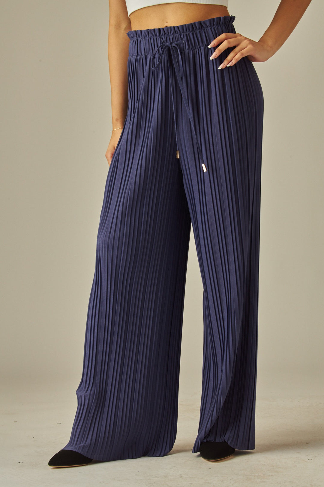 Pleated Paper Bag Drawstring Wide Leg Pants