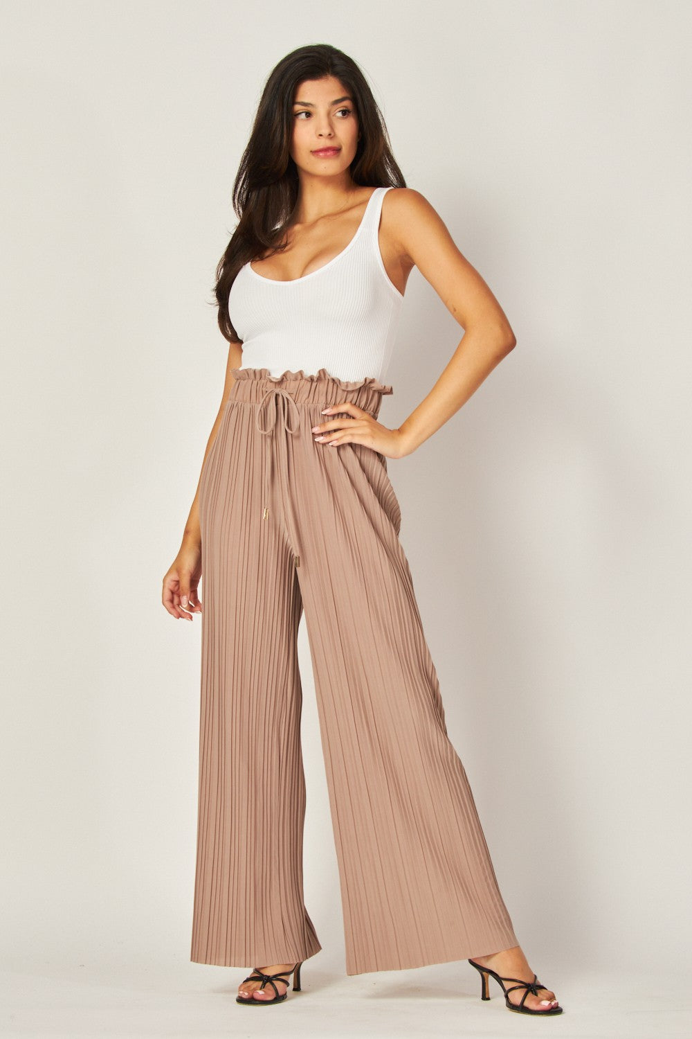 Pleated Paper Bag Drawstring Wide Leg Pants
