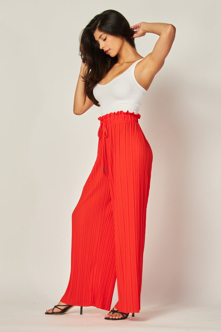 Pleated Paper Bag Drawstring Wide Leg Pants