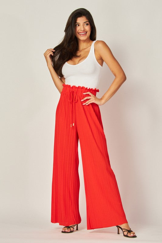 Pleated Paper Bag Drawstring Wide Leg Pants