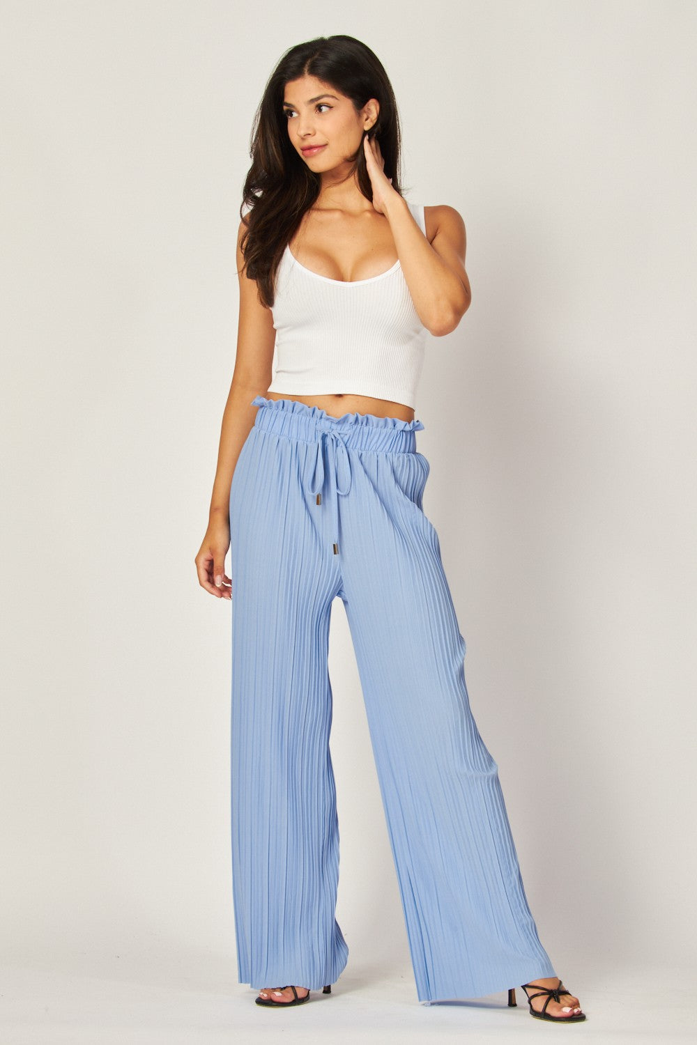 Pleated Paper Bag Drawstring Wide Leg Pants