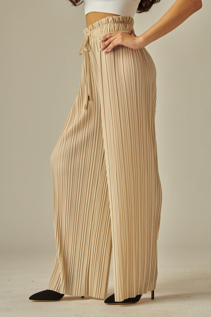 Pleated Paper Bag Drawstring Wide Leg Pants