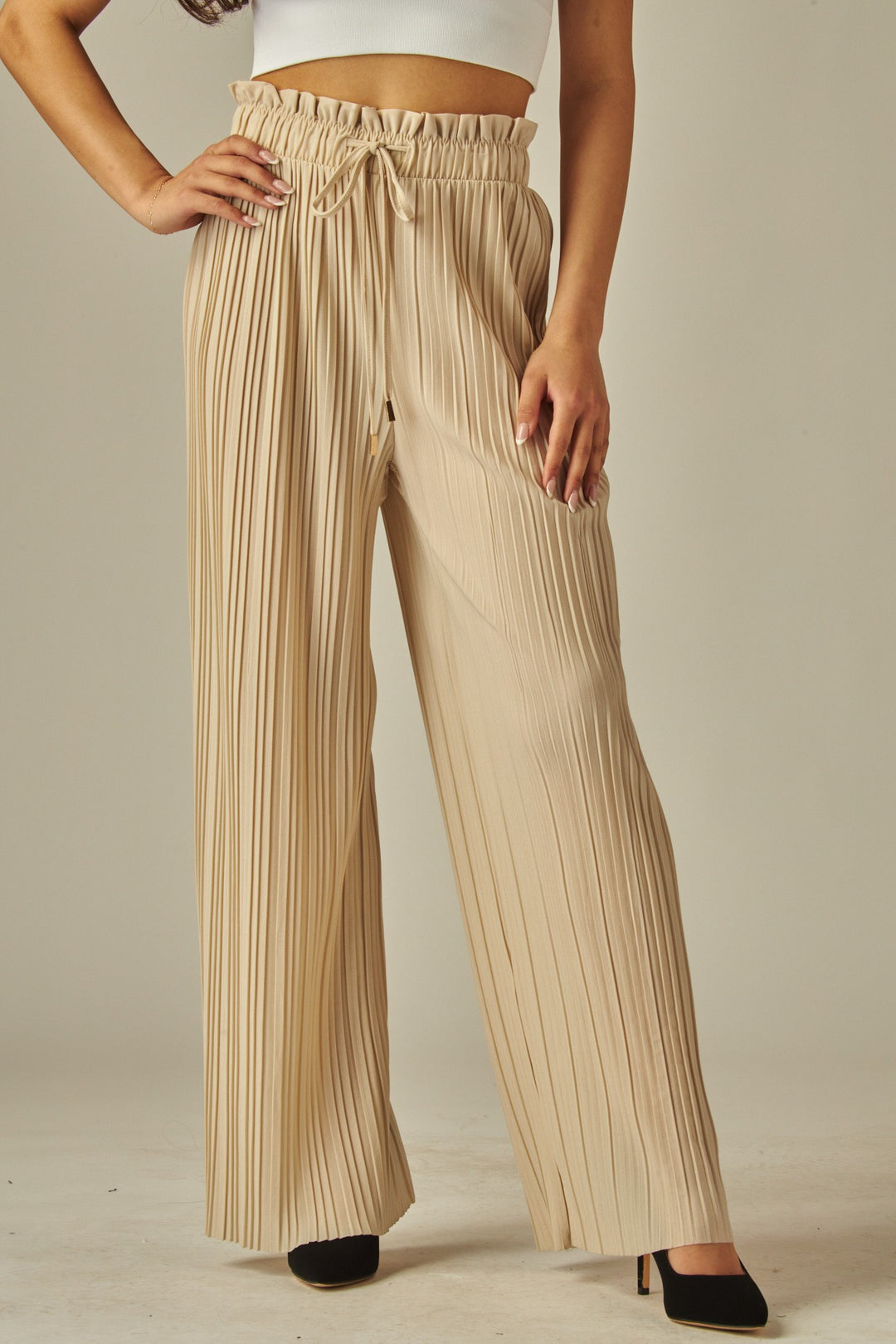 Pleated Paper Bag Drawstring Wide Leg Pants