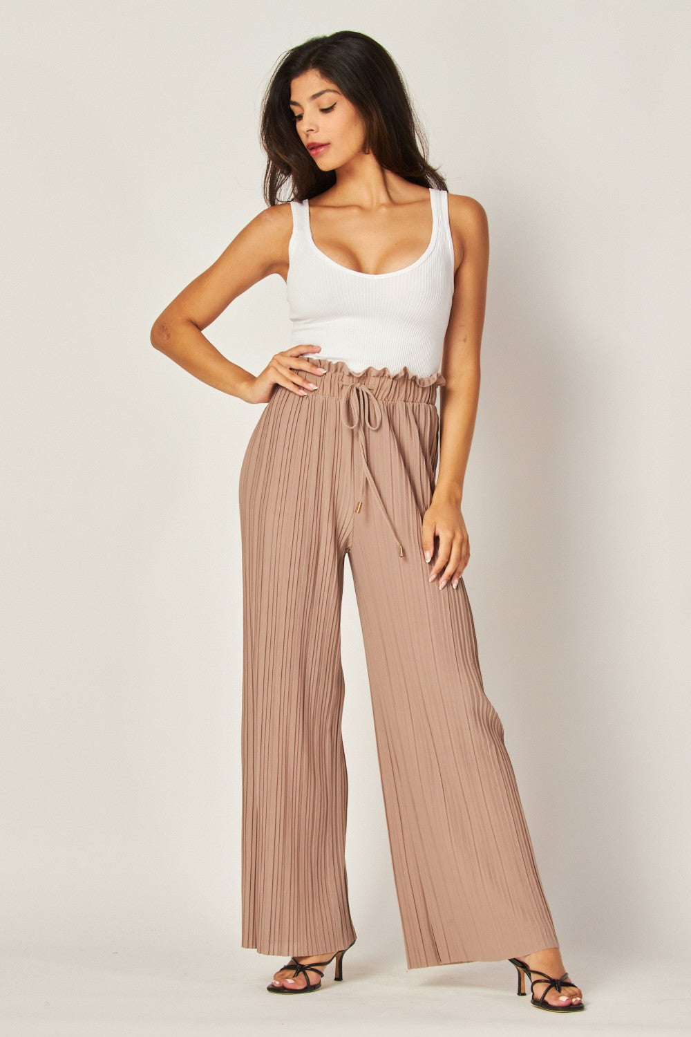 Pleated Paper Bag Drawstring Wide Leg Pants