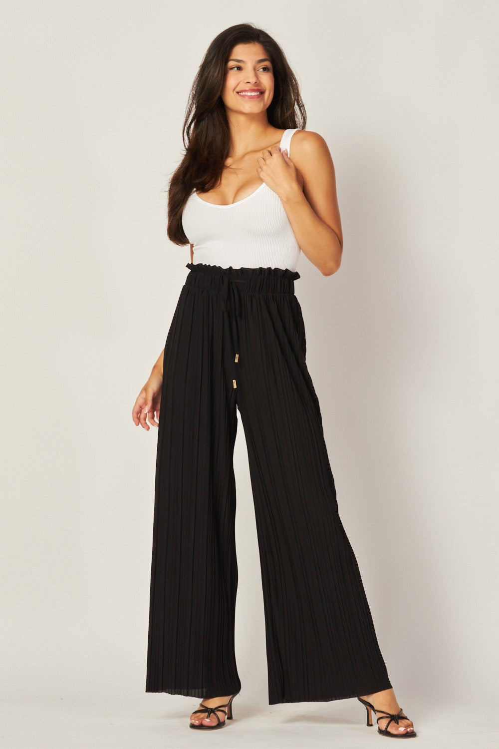Pleated Paper Bag Drawstring Wide Leg Pants