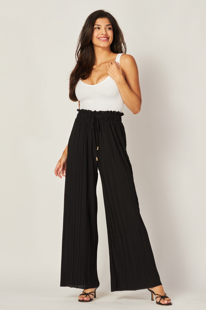 Pleated Paper Bag Drawstring Wide Leg Pants