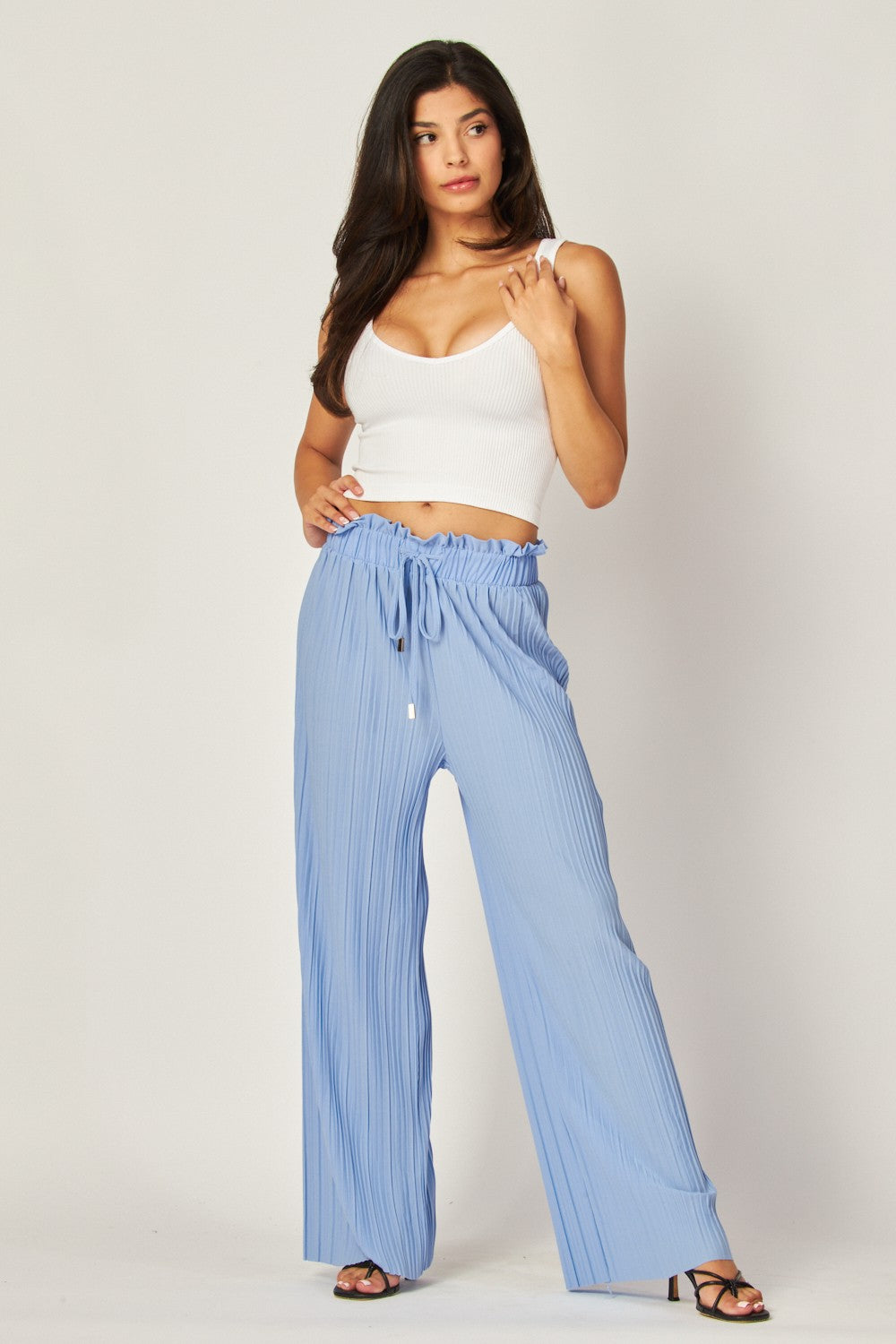 Pleated Paper Bag Drawstring Wide Leg Pants