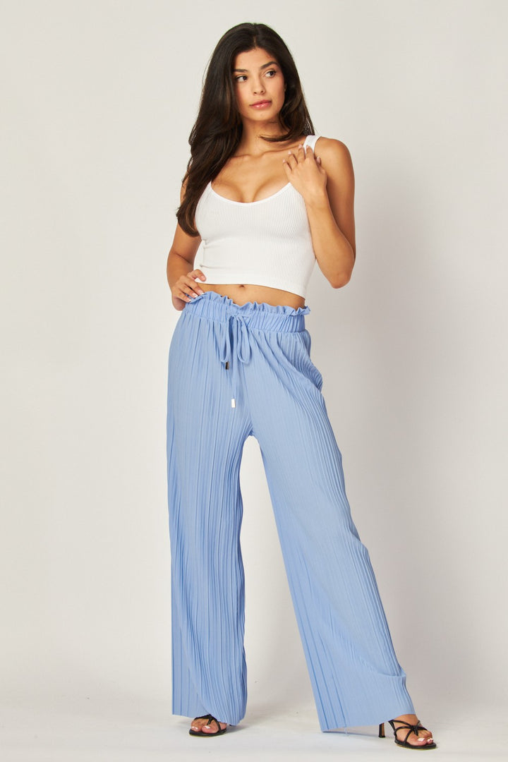 Pleated Paper Bag Drawstring Wide Leg Pants