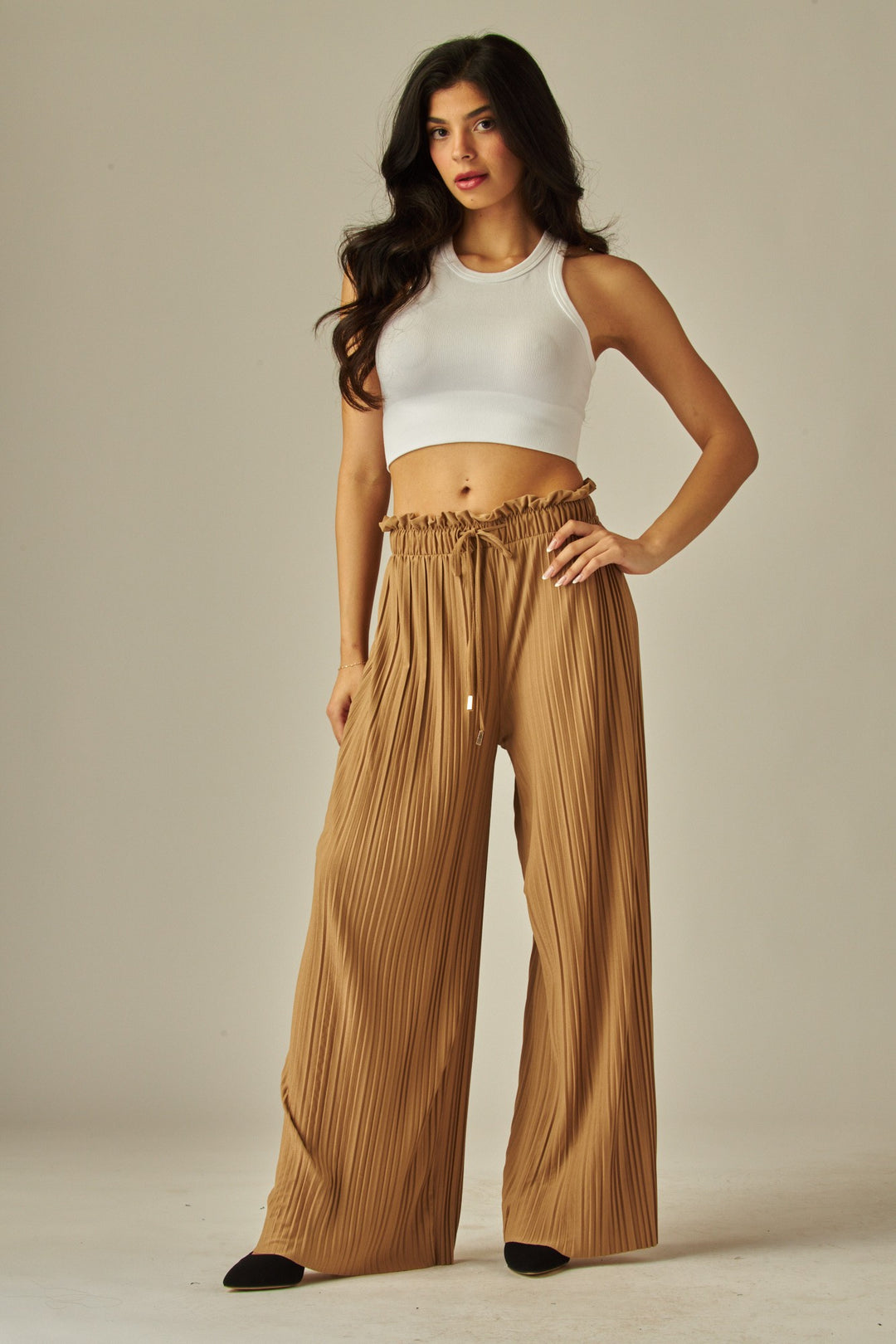 Pleated Paper Bag Drawstring Wide Leg Pants