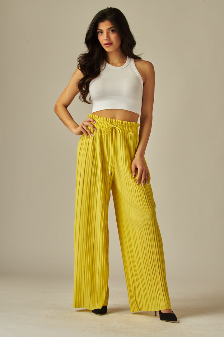 Pleated Paper Bag Drawstring Wide Leg Pants