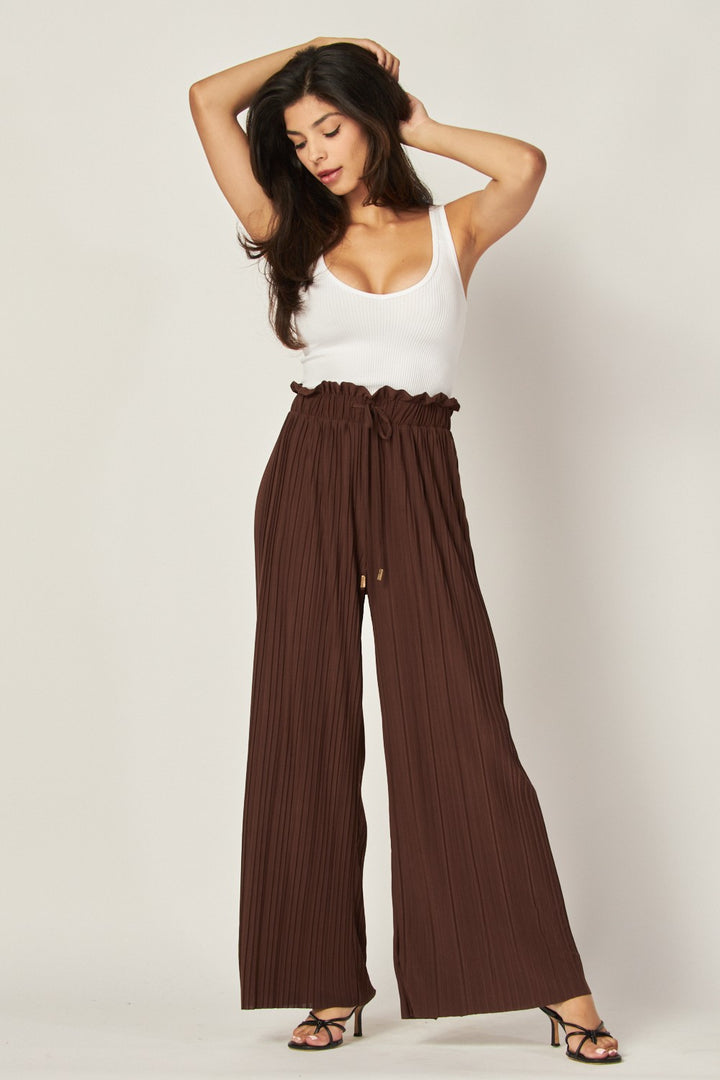 Pleated Paper Bag Drawstring Wide Leg Pants