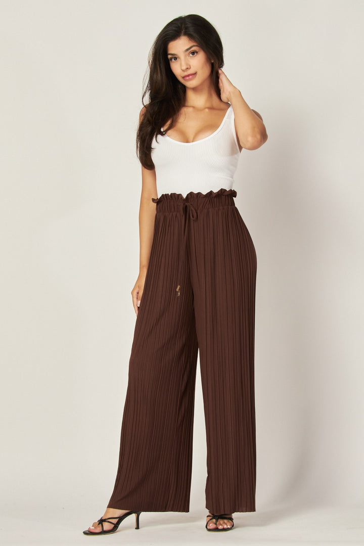 Pleated Paper Bag Drawstring Wide Leg Pants
