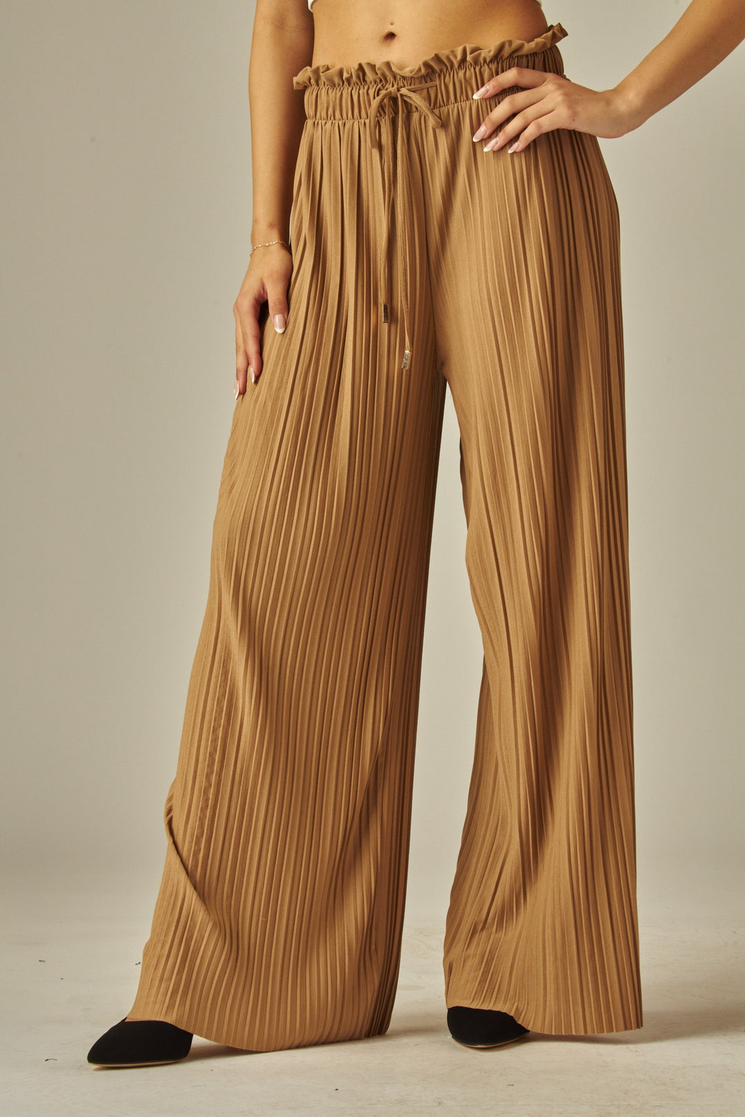 Pleated Paper Bag Drawstring Wide Leg Pants