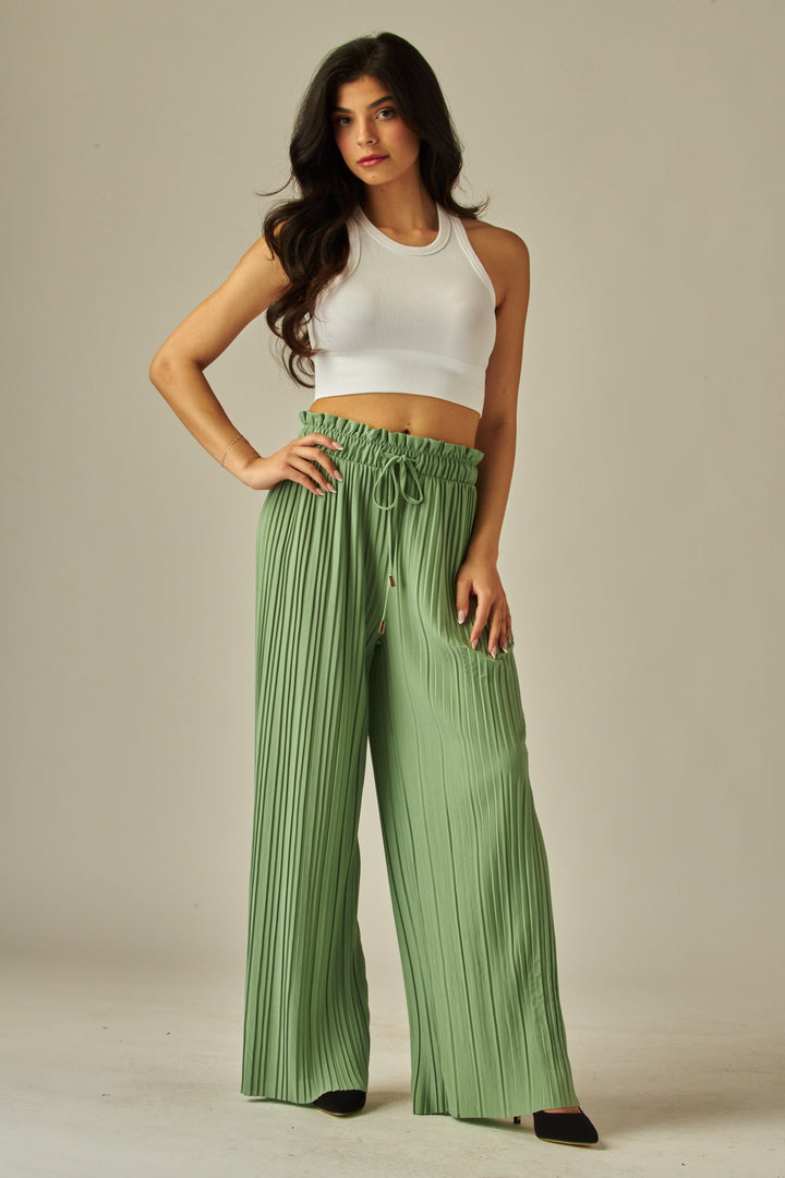 Pleated Paper Bag Drawstring Wide Leg Pants
