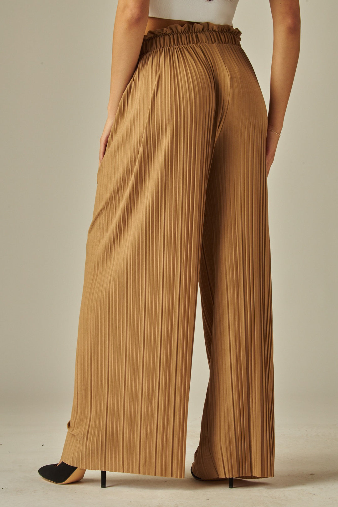 Pleated Paper Bag Drawstring Wide Leg Pants