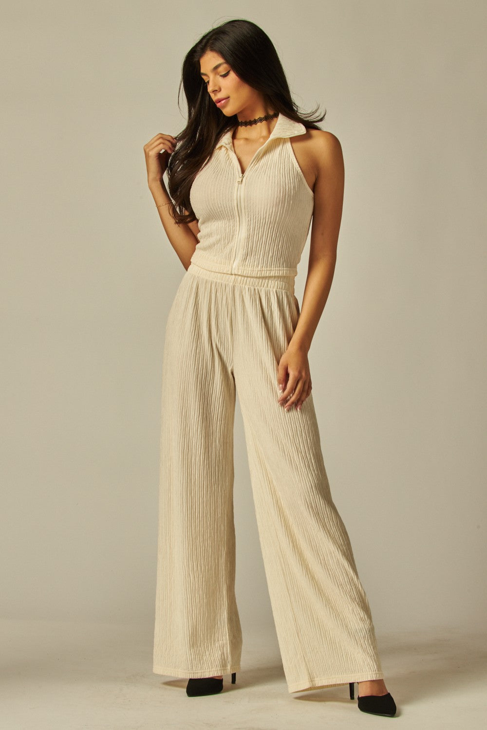 Crinkle Textured Collar Zip-up 2pc Loungewear Set