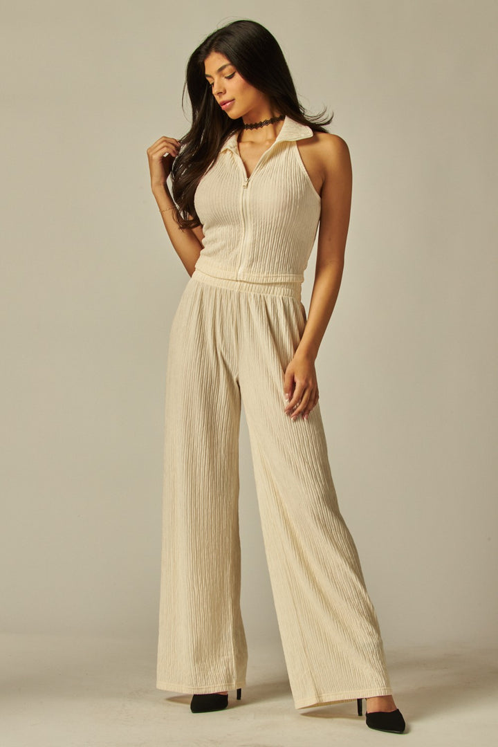 Crinkle Textured Collar Zip-up 2pc Loungewear Set