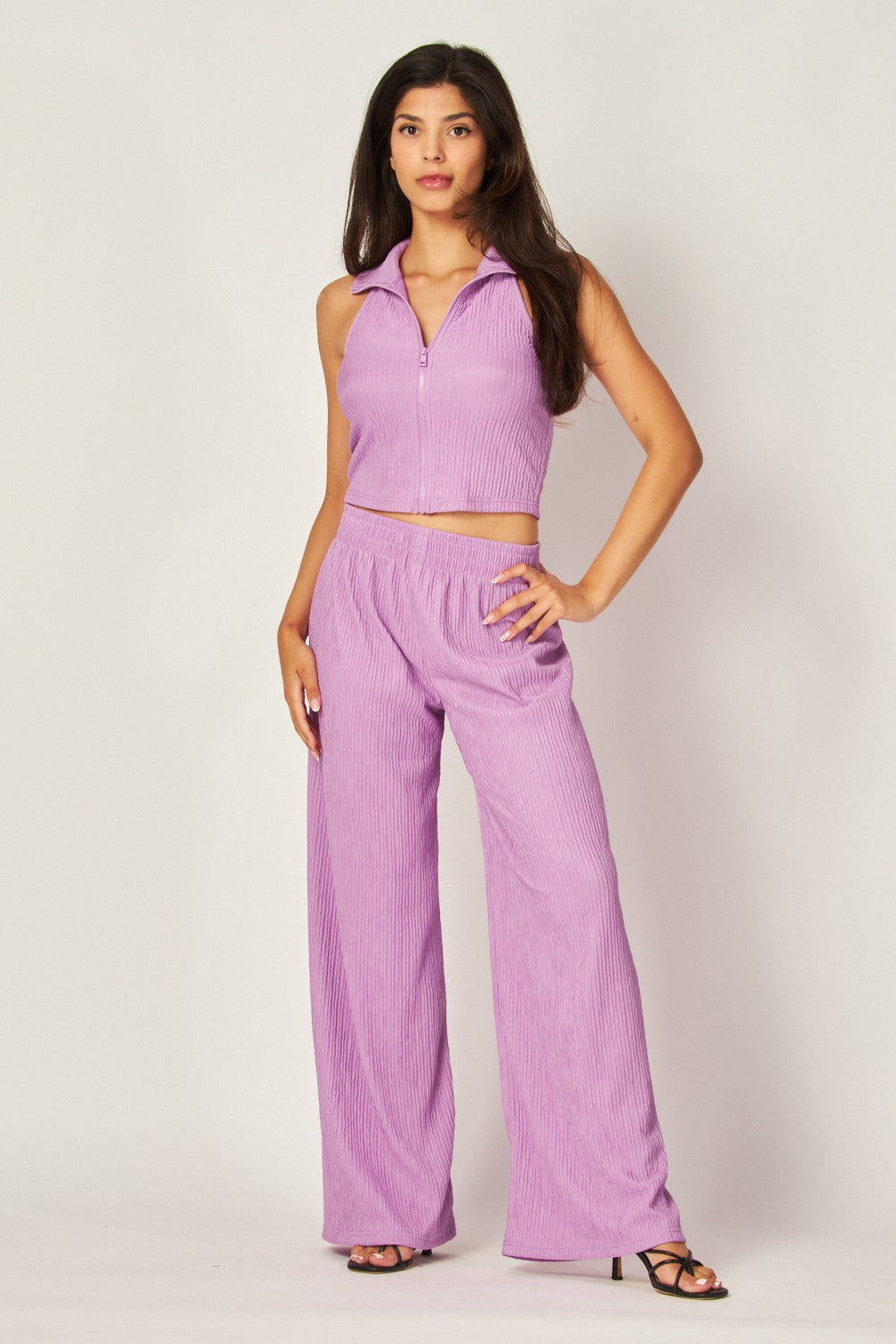Crinkle Textured Collar Zip-up 2pc Loungewear Set