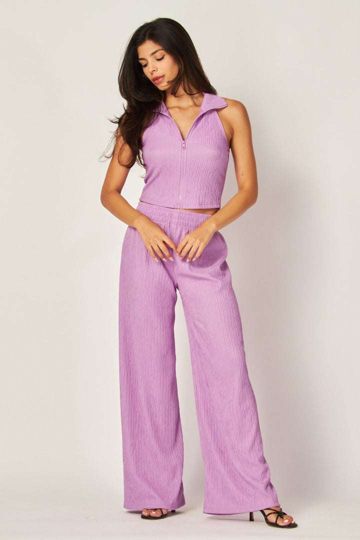 Crinkle Textured Collar Zip-up 2pc Loungewear Set