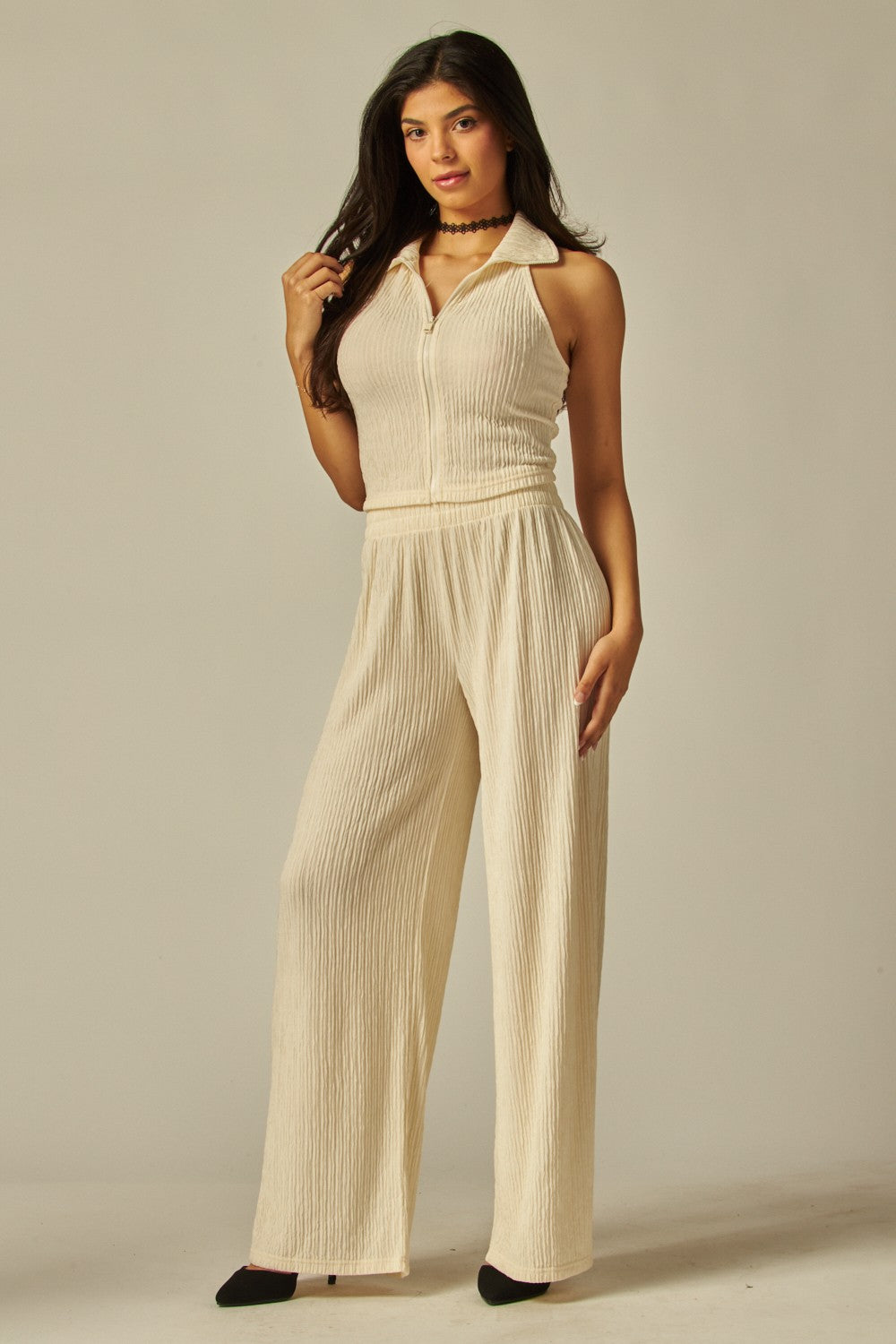 Crinkle Textured Collar Zip-up 2pc Loungewear Set