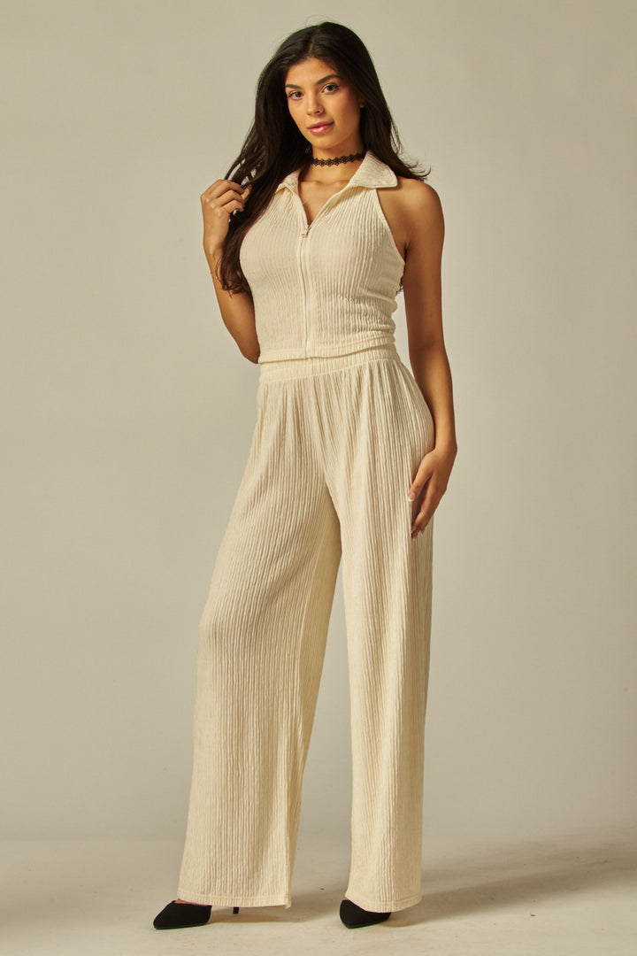 Crinkle Textured Collar Zip-up 2pc Loungewear Set