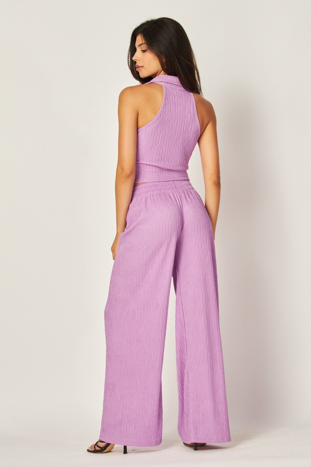 Crinkle Textured Collar Zip-up 2pc Loungewear Set