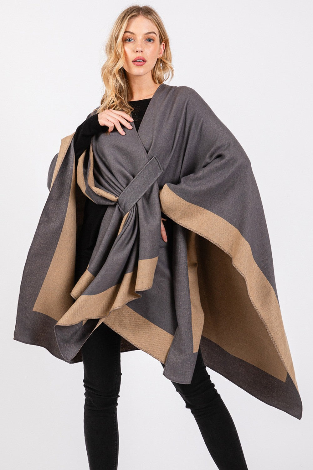 Two Tone Pull Through Shawl Ruana Poncho