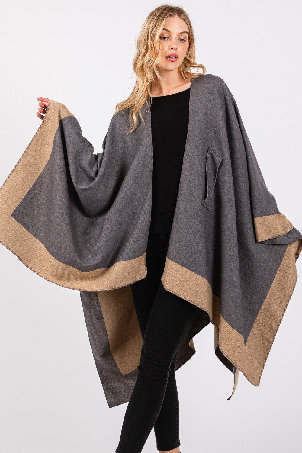 Two Tone Pull Through Shawl Ruana Poncho