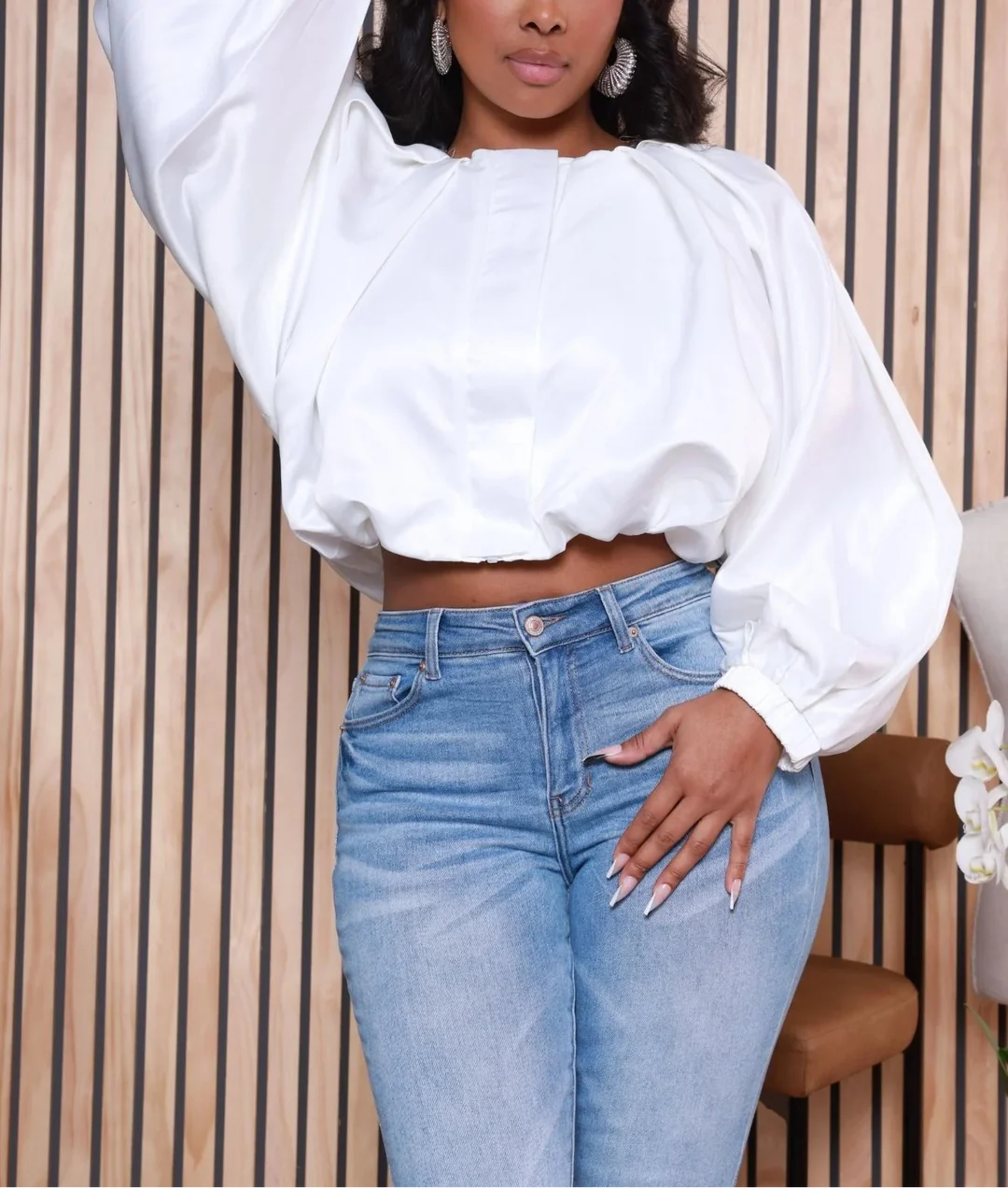 Long Sleeve Front Crop Bubble Top