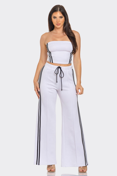 Side Two Stripes Tube Top And Flare Pants Set