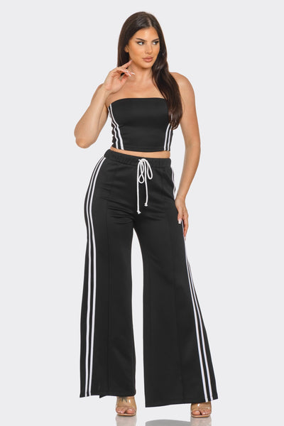 Side Two Stripes Tube Top And Flare Pants Set