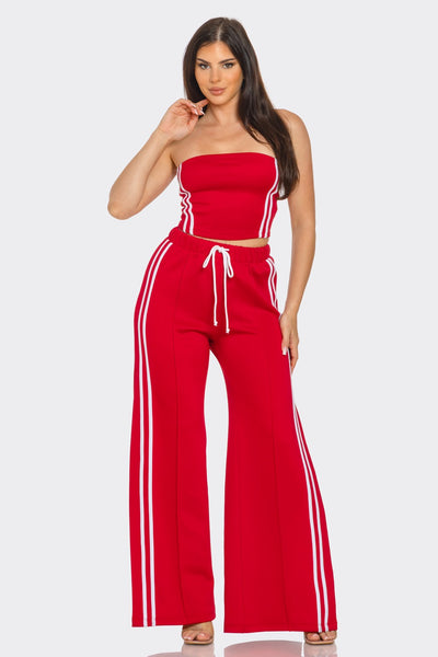 Side Two Stripes Tube Top And Flare Pants Set