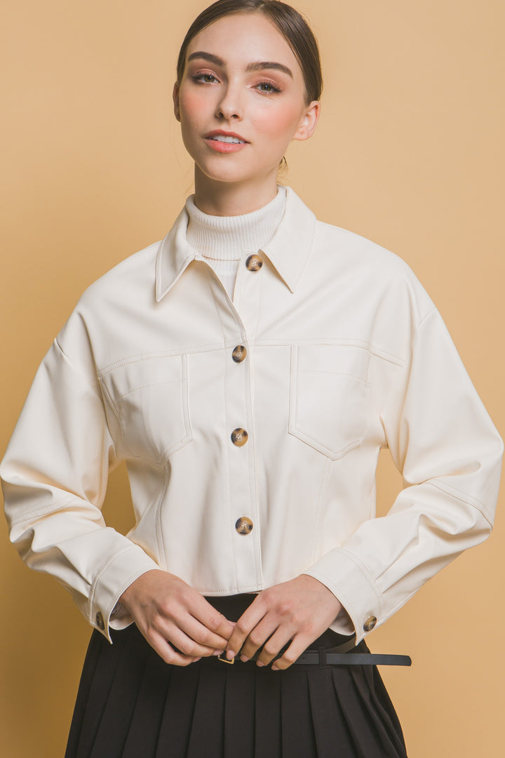 Faux Leather Cropped Button Down Jacket