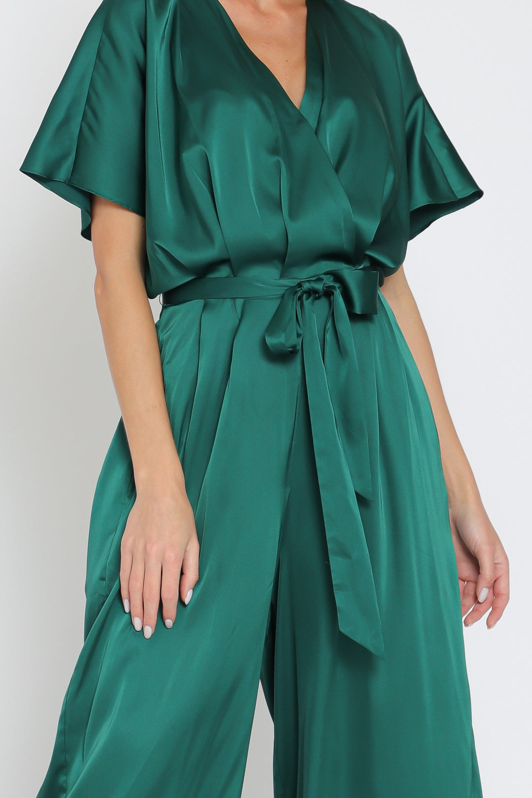 Dolman Sleeve Elastic Back Waisted Satin Jumpsuit