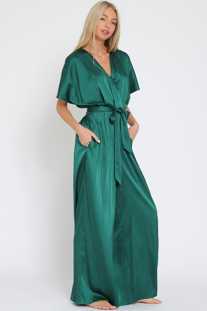 Dolman Sleeve Elastic Back Waisted Satin Jumpsuit