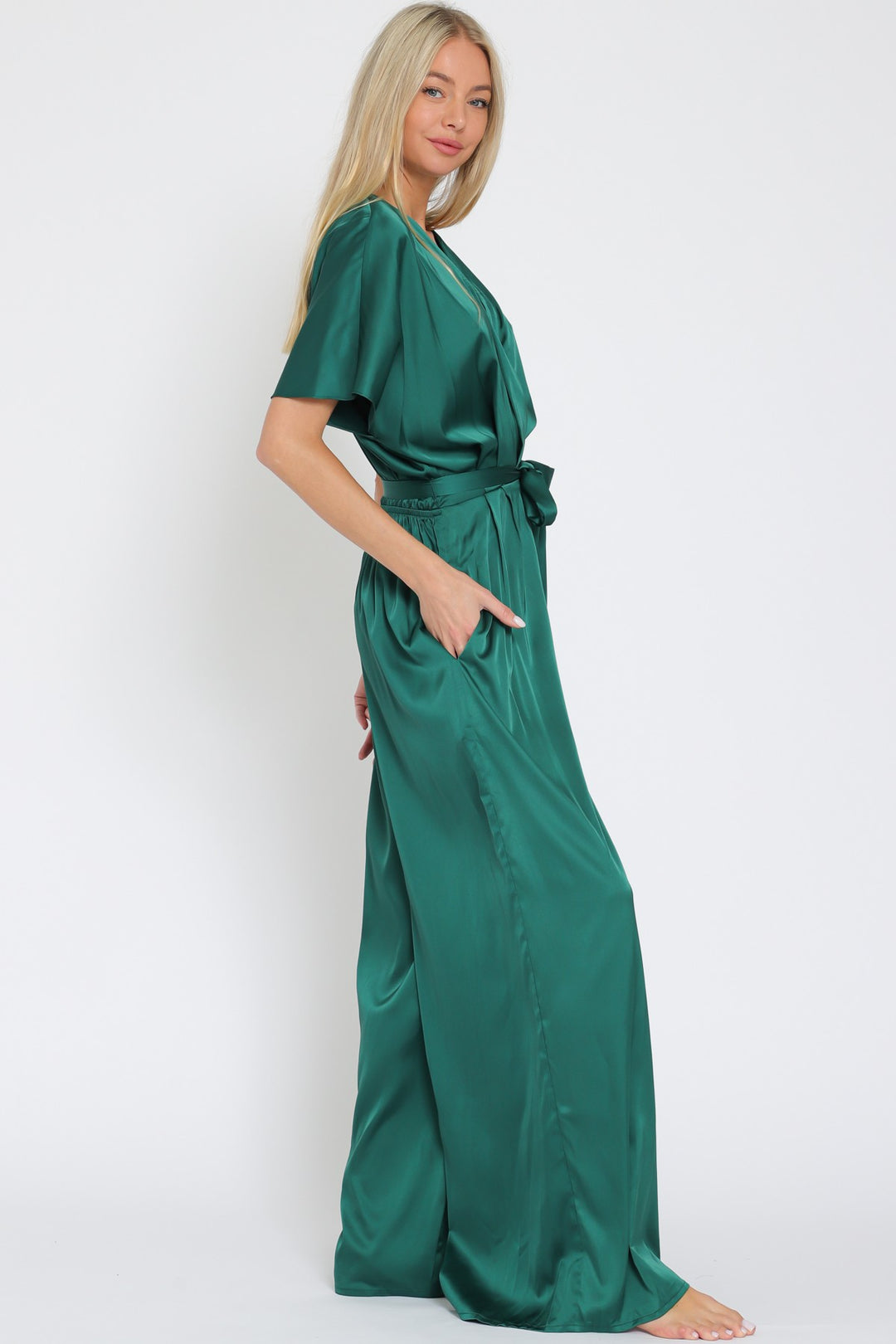 Dolman Sleeve Elastic Back Waisted Satin Jumpsuit