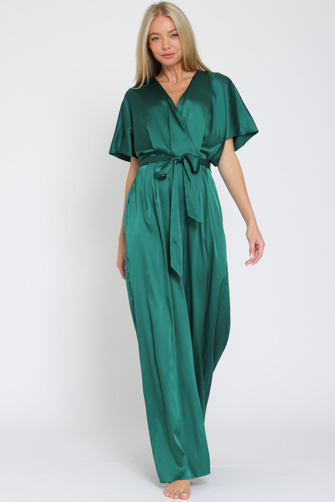 Dolman Sleeve Elastic Back Waisted Satin Jumpsuit