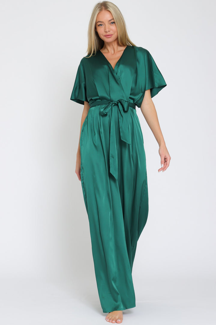 Dolman Sleeve Elastic Back Waisted Satin Jumpsuit